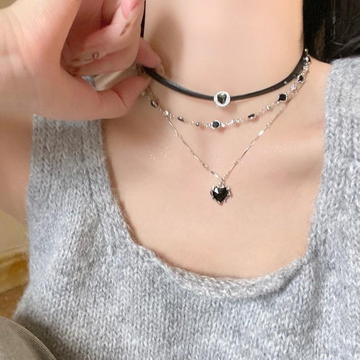 Dark Symphony Y2K Leather Choker Double-Layer Black Stone Necklace Set