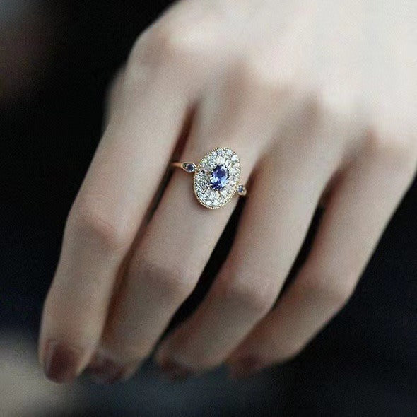 14K Gold Plated Art Deco Sapphire Baguette Halo Open Ring