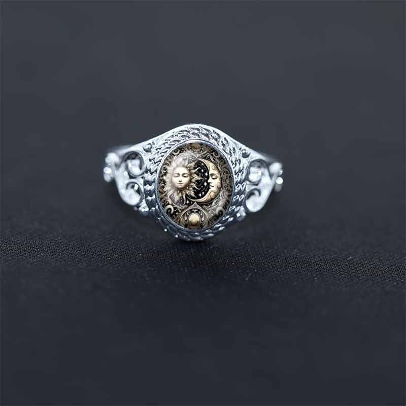 Celestial Legends S925 Sterling Silver Vintage Sun & Moon Motif Adjustable Ring