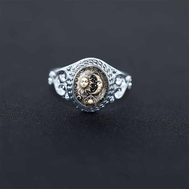 Celestial Legends S925 Sterling Silver Vintage Sun & Moon Motif Adjustable Ring