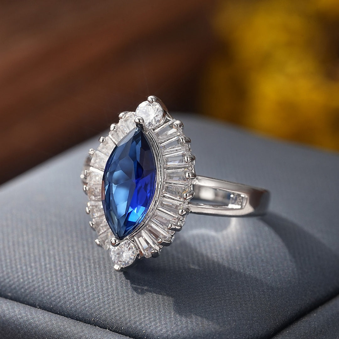 Deep Sea Starburst Art Deco Marquise Sapphire Ring