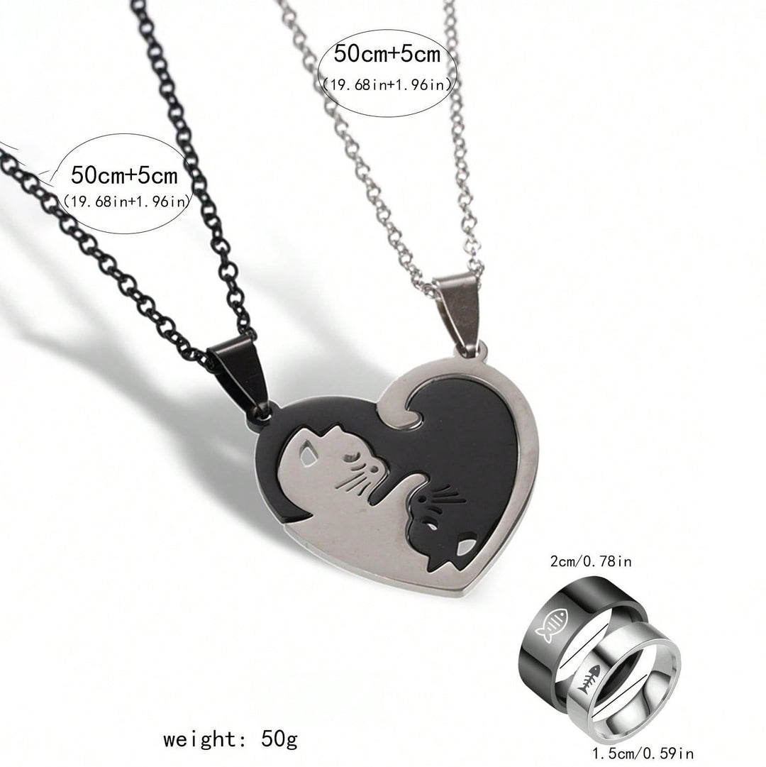 Purrfect Bond Titanium Steel Couple Necklace & Ring Set Adorable Companion Love Token for Two