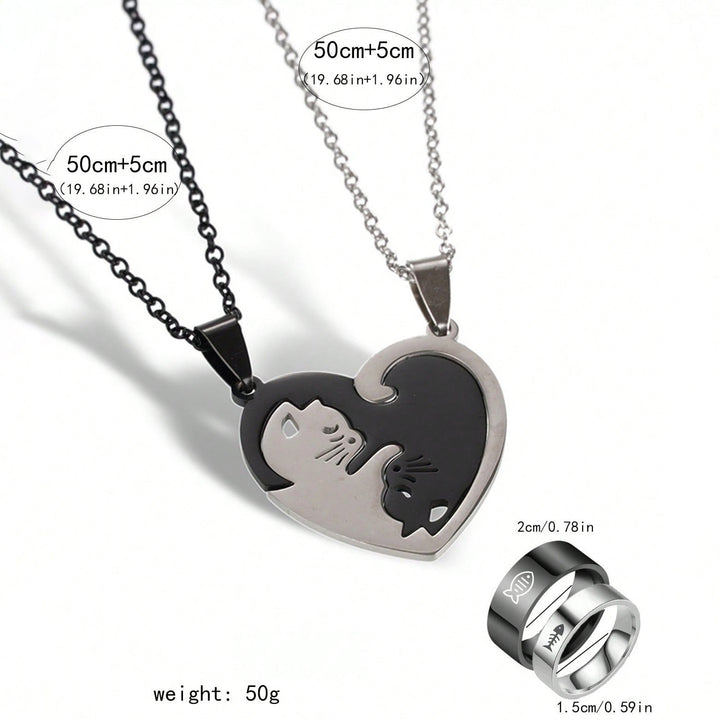 Purrfect Bond Titanium Steel Couple Necklace & Ring Set Adorable Companion Love Token for Two