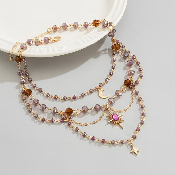Celestial Lullaby 14K Gold Amethyst Moon Sun Star Layered Necklace