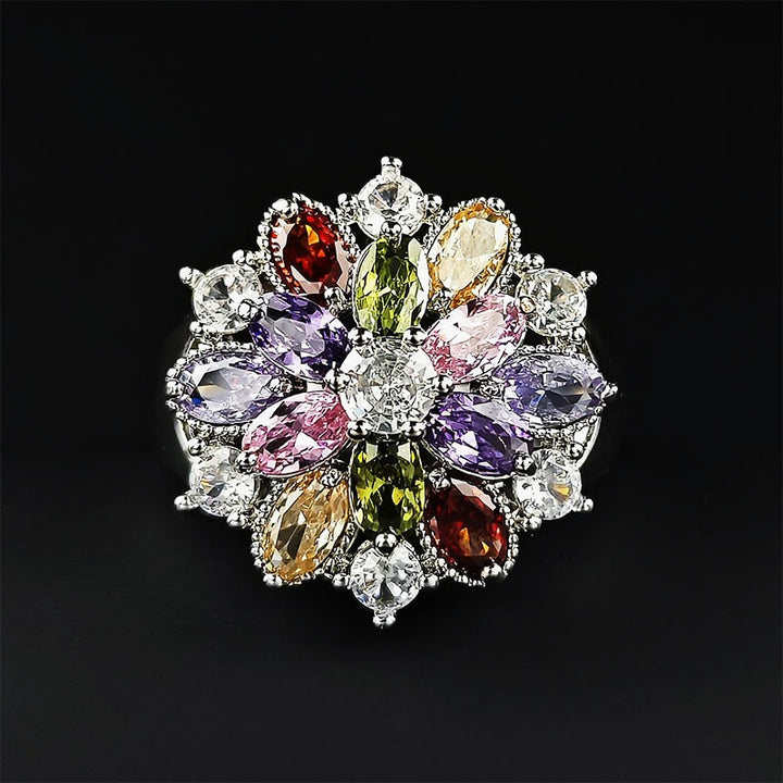 Rainbow Blossom S925 Sterling Silver Platinum Plated Multi Gem Flower Ring