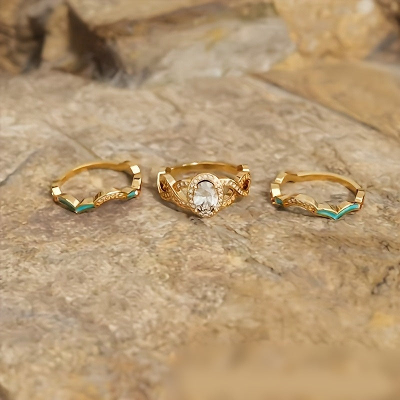 Timeless Glow Oval Stone 3-Piece Stackable Ring Set