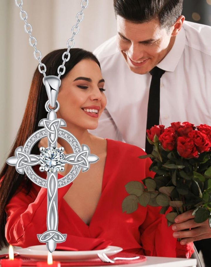 Celtic Sacred Ring S925 Sterling Silver Crystal Cross Necklace