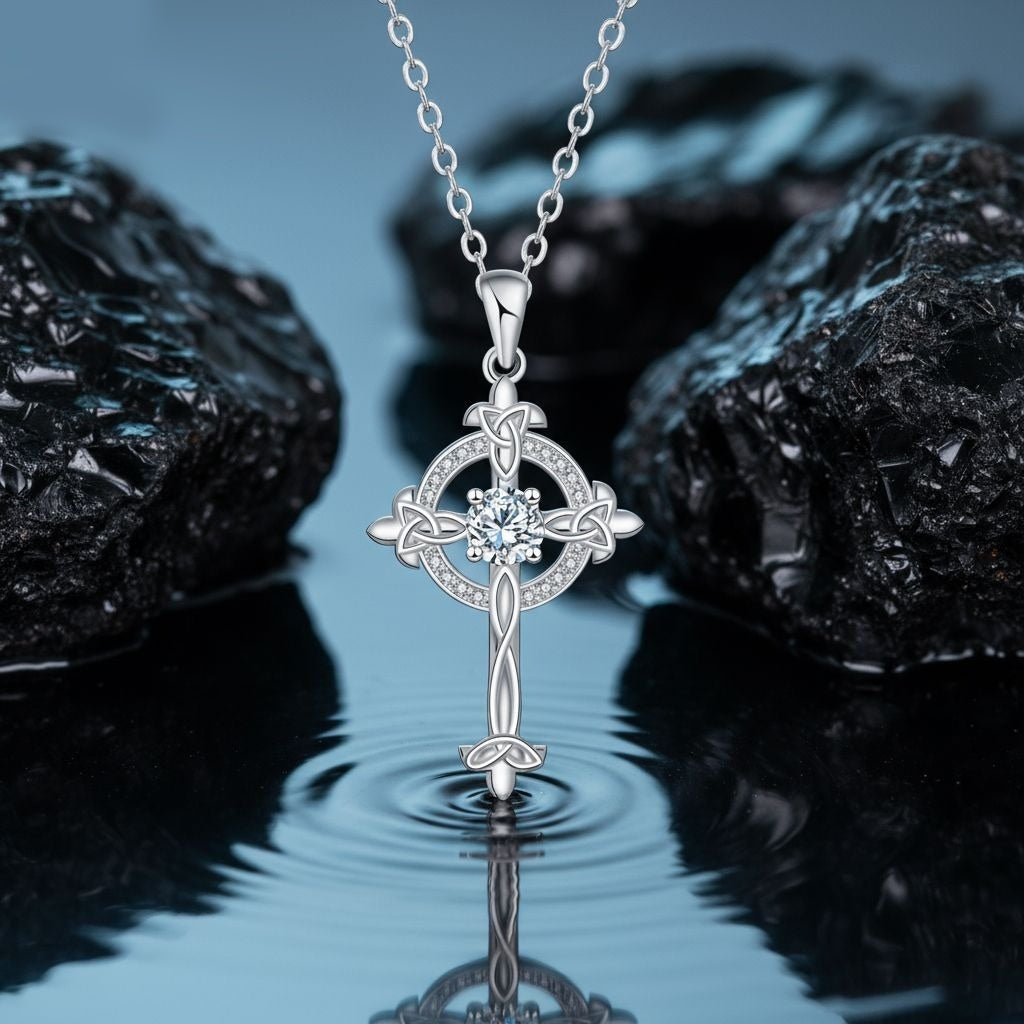 Celtic Sacred Ring S925 Sterling Silver Crystal Cross Necklace