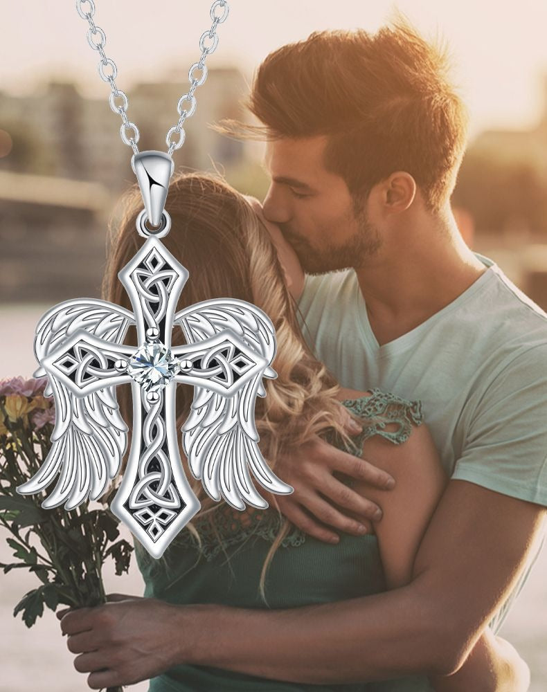 Angel Wings S925 Sterling Silver Celtic Cross Necklace