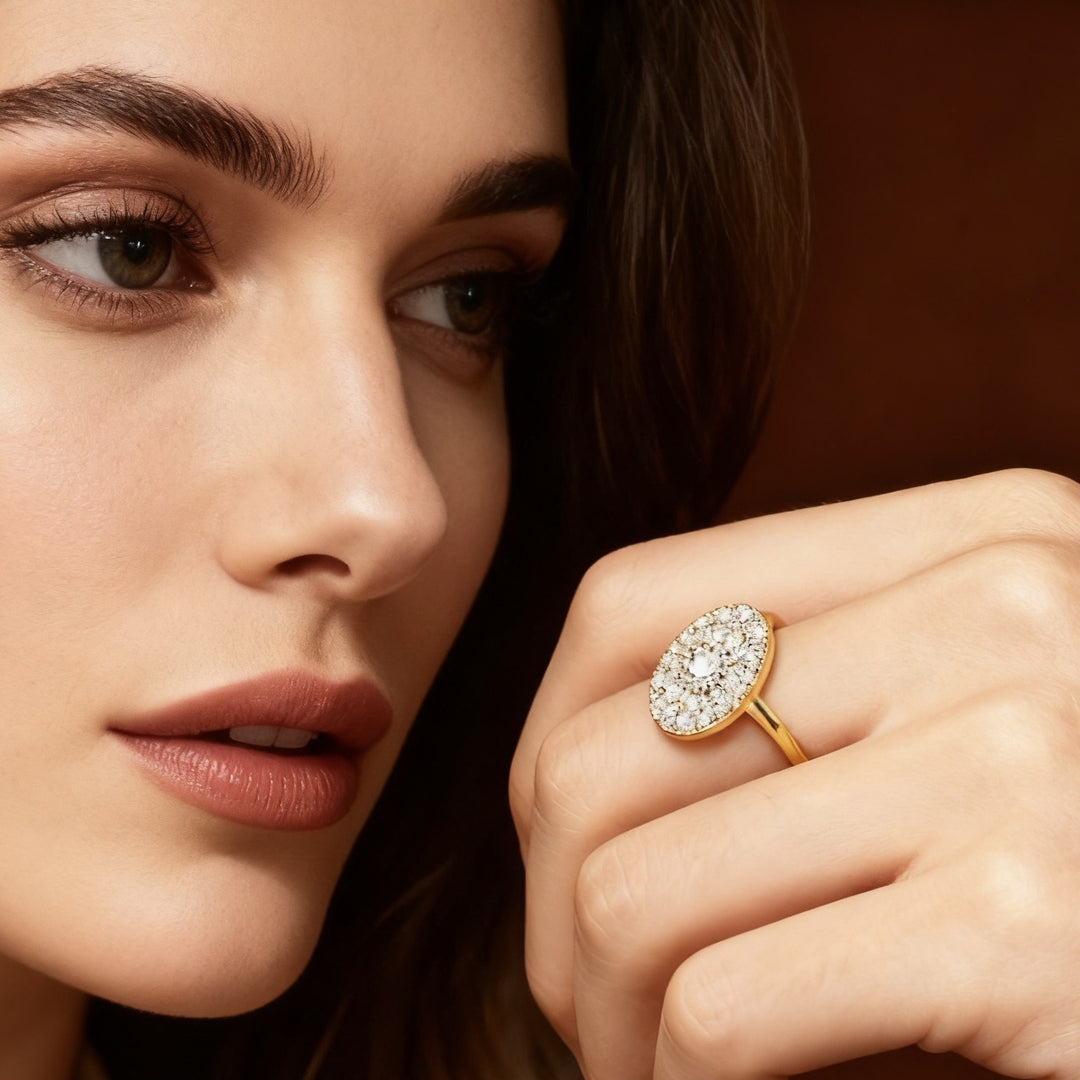 Sunlight Tiara 18K Gold Oval Double Halo Diamond Ring