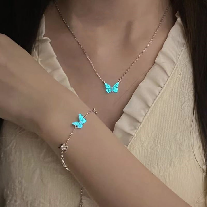Glow-in-the-Dark Night Butterfly Platinum-Plated Necklace Bracelet Set