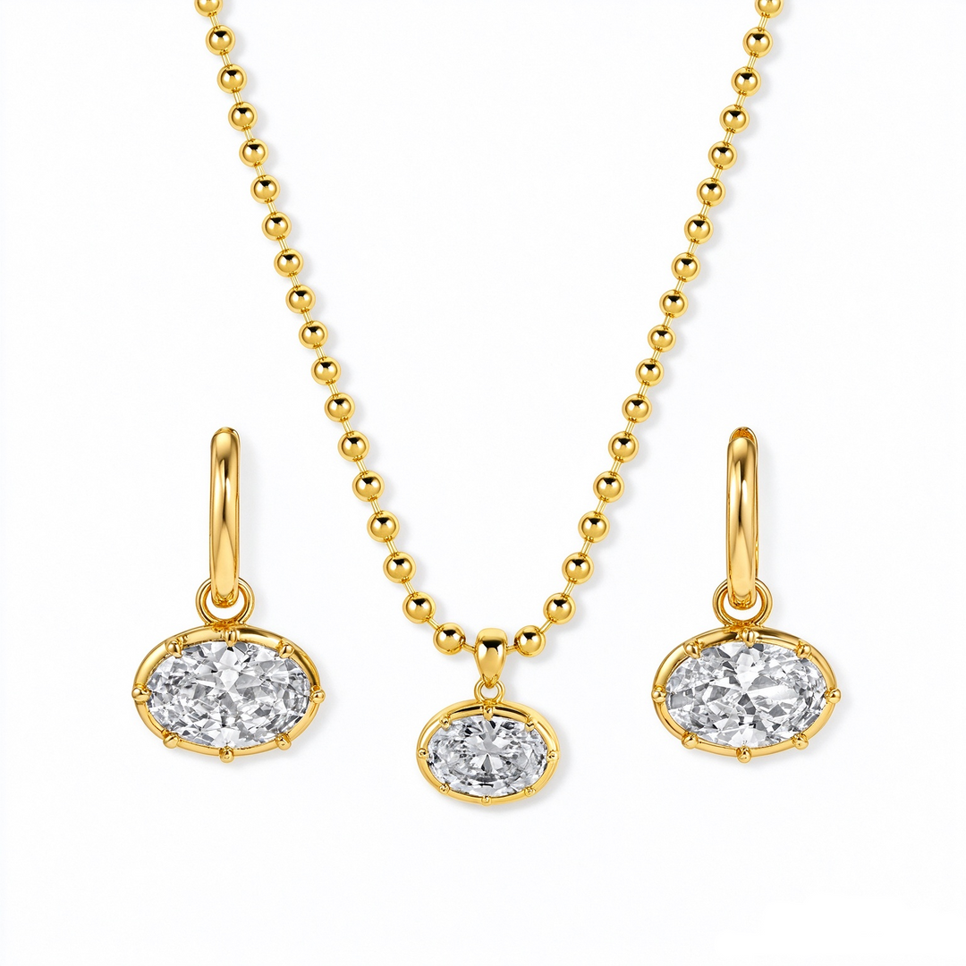 S925 Silver Vintage Bezel Oval CZ Pendant & Hoop Earrings Set