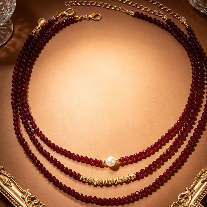 Vintage Garnet Red Beaded Pearl Necklace Set