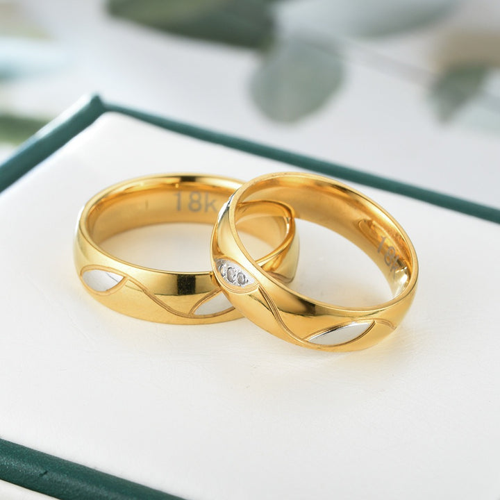 18K Gold Two-Tone Wave Couple Rings Wide Comfort Fit Wedding Bands