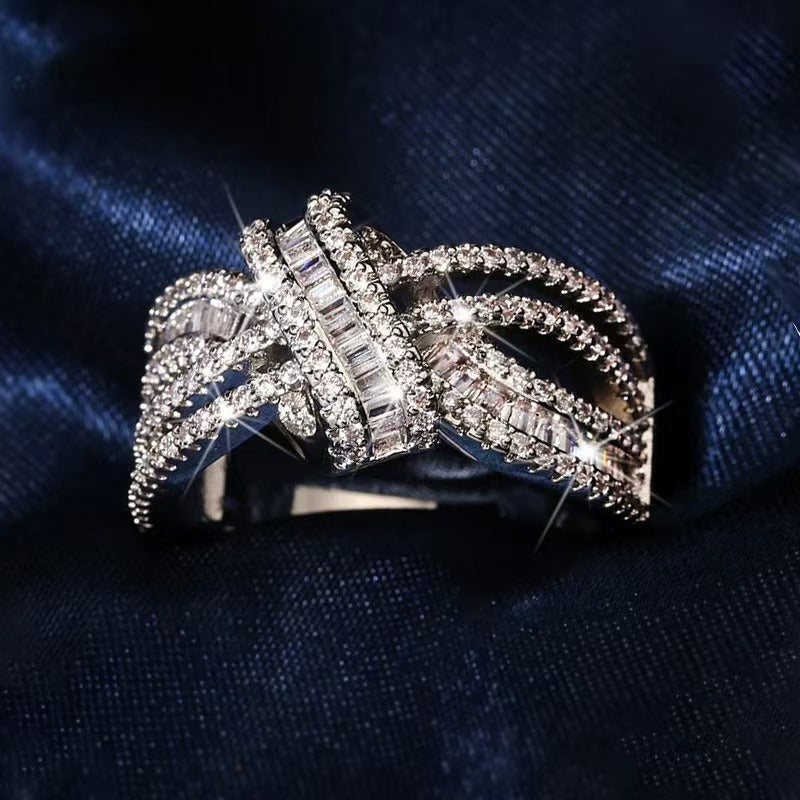 S925 Sterling Silver Crossed Ribbon Pavé Ring