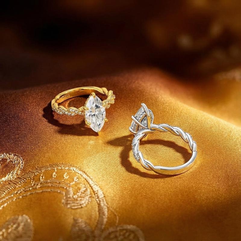 French Vine Marquise Solitaire Geometric Alternating Pavé Stacking Ring Set