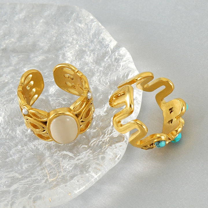 Vintage Boho 18K Gold Plated Natural Stone Adjustable Ring