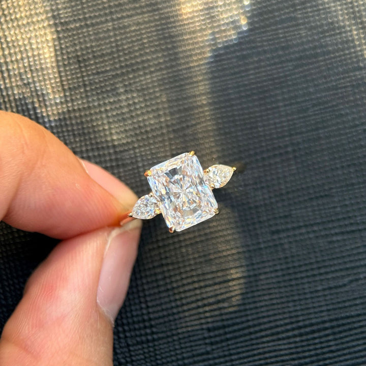 18K Gold Classic Three-Stone Ring | Cushion Cut & Pear Accents