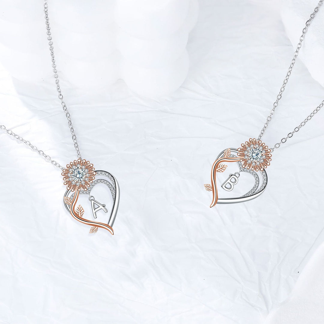 S925 Silver Sunflower Heart Initial Necklace Personalized A-Z Letter Pendant