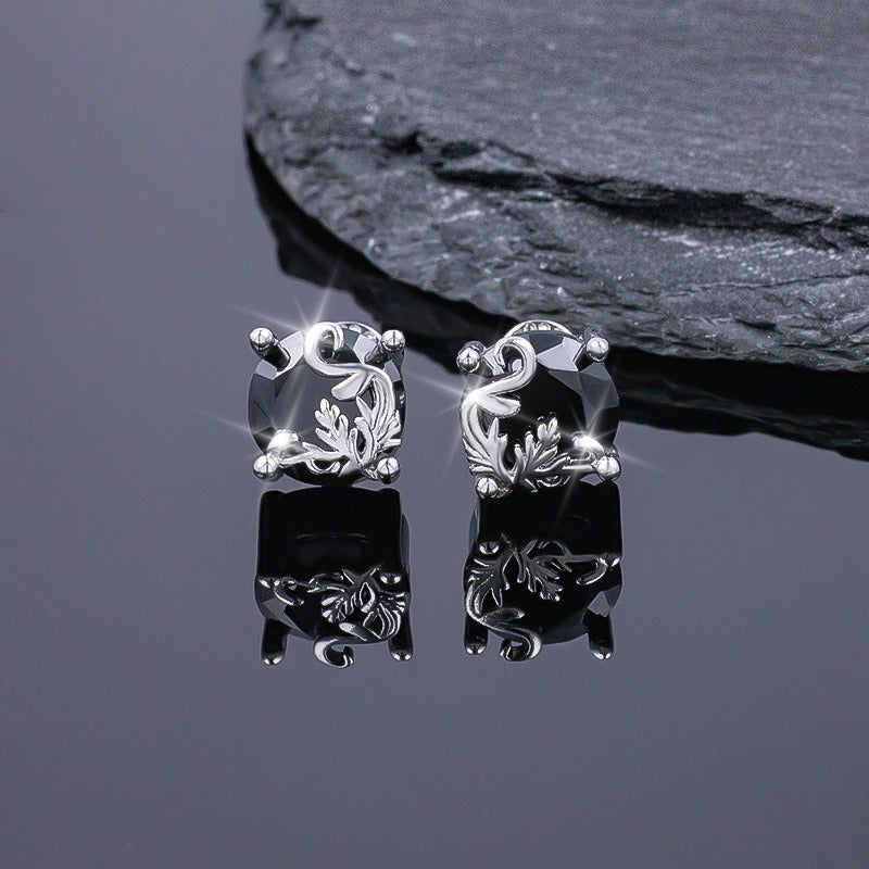 S925 Silver Vintage Vine Black Obsidian Stud Earrings