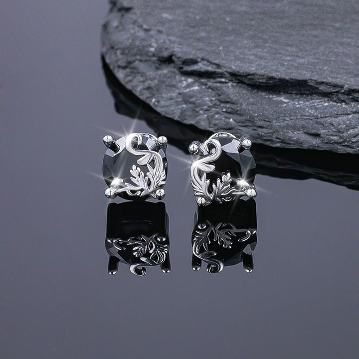 S925 Silver Vintage Vine Black Obsidian Stud Earrings