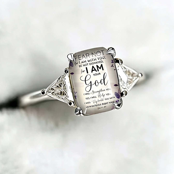 S925 Sterling Silver Bible Verse Square Ring Isaiah 41:10 Pavé Ring