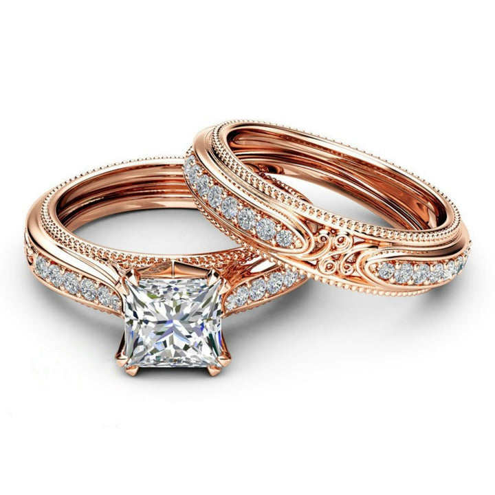 Vintage Rose Gold Princess Cut 2-Piece Ring Set