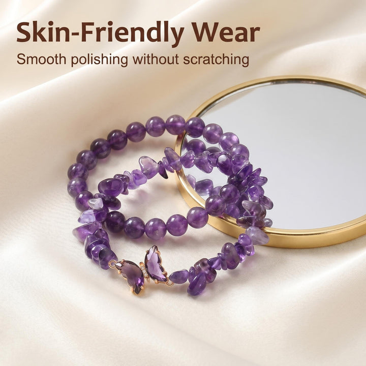 Butterfly Charm Natural Crystal Beaded & Chip Bracelet Set