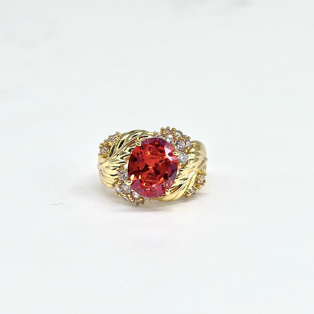 Vintage Feather & Leaf Open Ring Ruby or Champagne Center Stone
