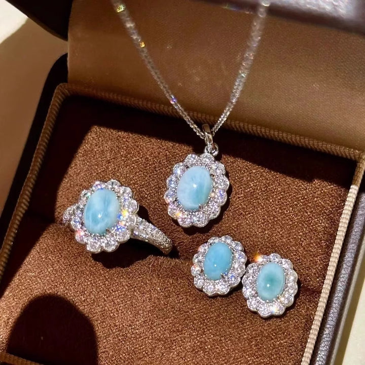 Caribbean Dream · Natural Larimar Pavé Halo Jewelry Set