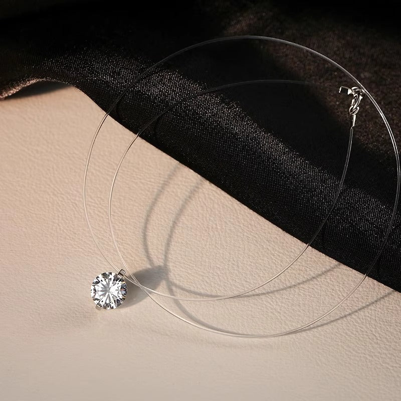Invisible Clear Line Necklace Solitaire Round CZ Floating Pendant