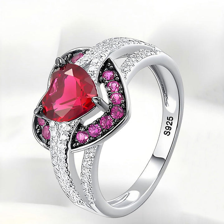 S925 Sterling Silver Vintage Ruby Heart Ring
