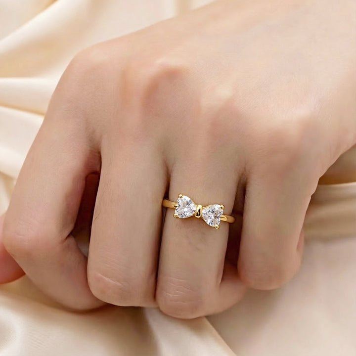 S925 Sterling Silver Double Heart Butterfly Ring Classic Elegant CZ Statement Ring