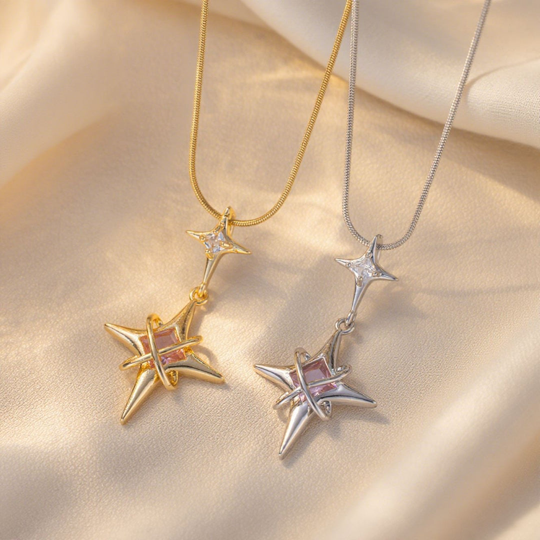 S925 Sterling Silver Double Star Pink Crystal Necklace