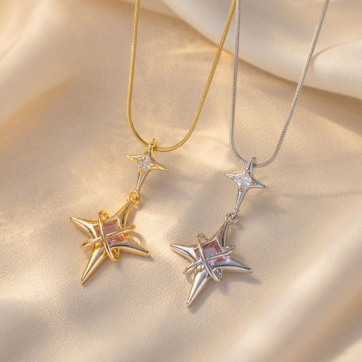 S925 Sterling Silver Double Star Pink Crystal Necklace