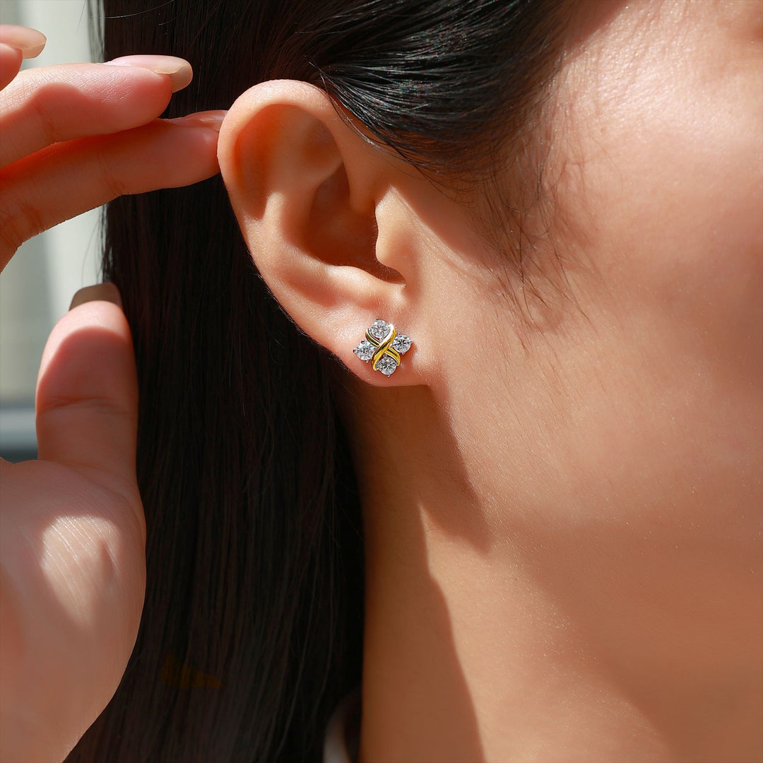 S925 Silver Criss-Cross Ribbon Four-Stone Stud Earrings Minimalist Geometric CZ Dainty Earrings