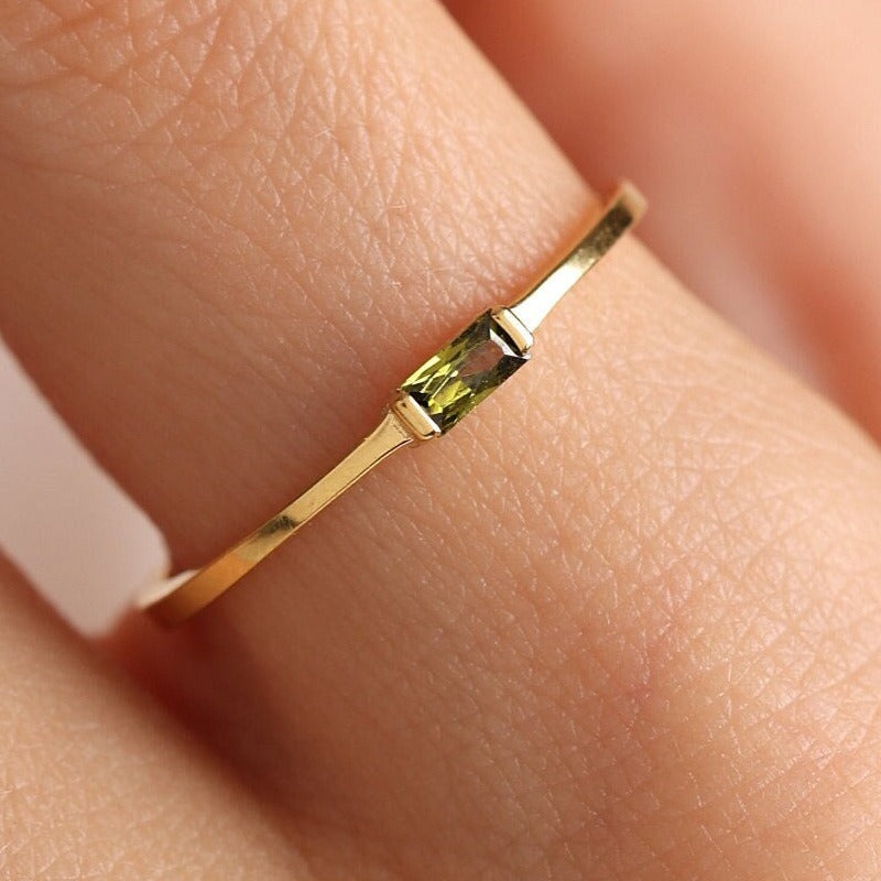 18K Gold Dainty Band Minimalist Olive Green Baguette Ring