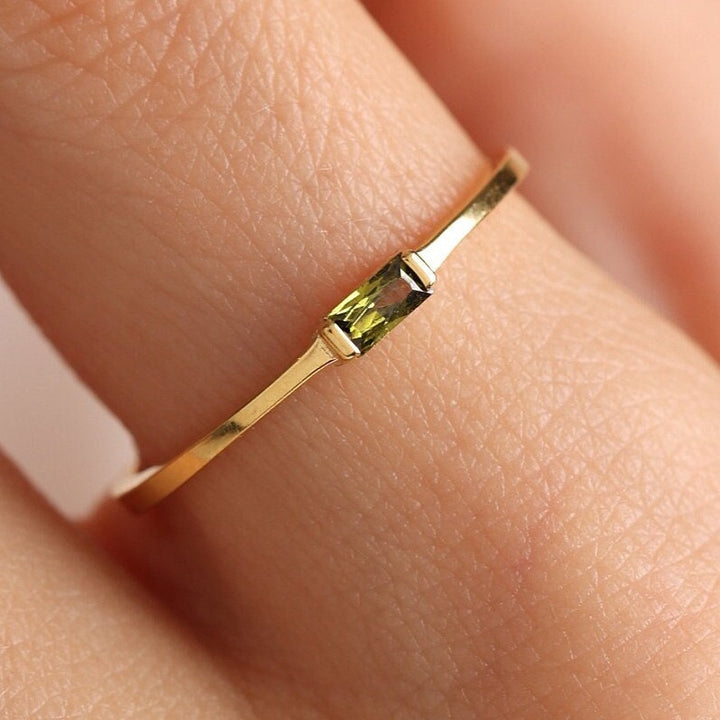 18K Gold Dainty Band Minimalist Olive Green Baguette Ring