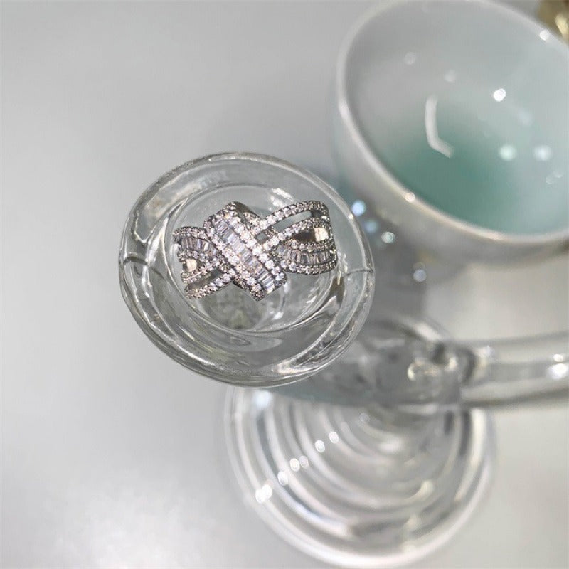S925 Sterling Silver Crossed Ribbon Pavé Ring