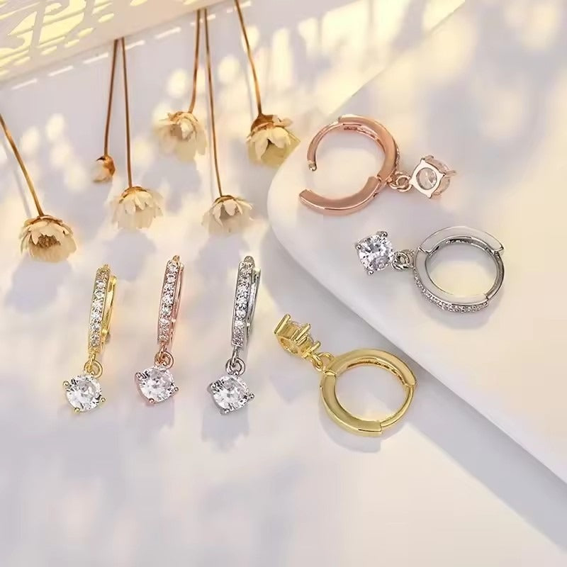 S925 Silver Pavé Huggie Hoops 18K Gold Drop CZ Charm Earrings