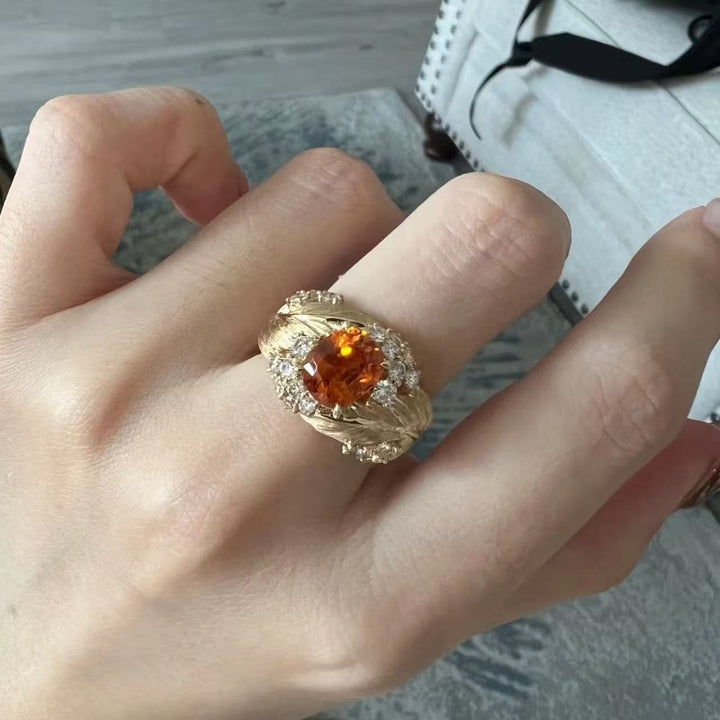 Vintage Feather & Leaf Open Ring Ruby or Champagne Center Stone