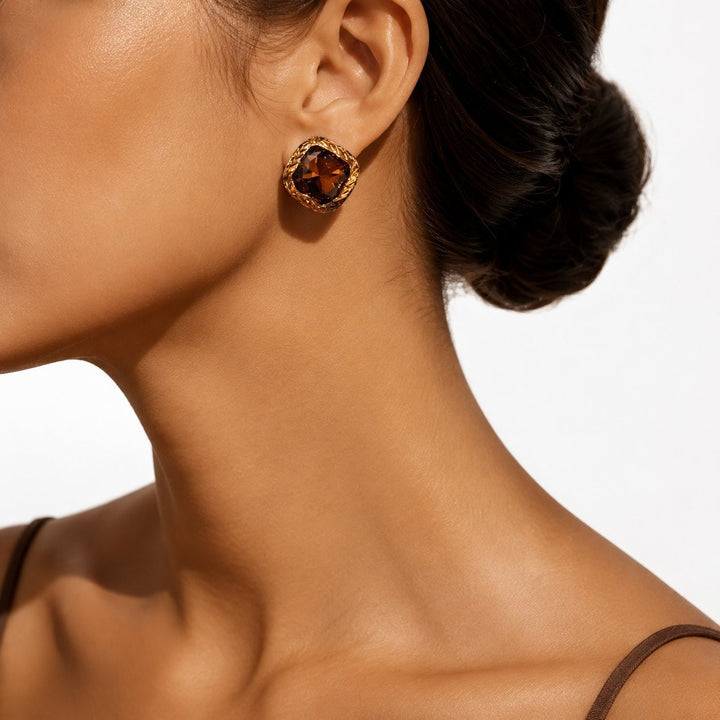 Vintage Amber Cushion Cut Stud Earrings
