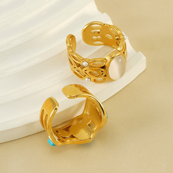18K Gold Vintage Boho Natural Stone Open Ring
