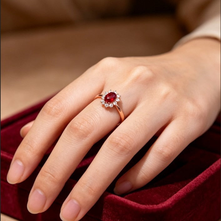 18K Rose Gold Diamond Halo Vintage Pigeon Blood Ruby Ring