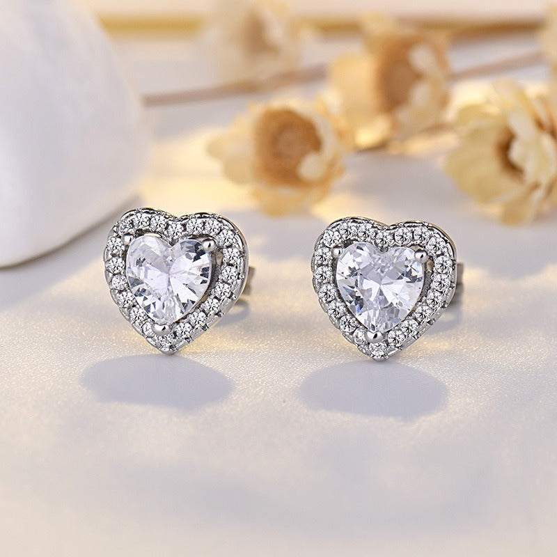 18K Gold & Silver Heart Halo CZ Stud Earrings