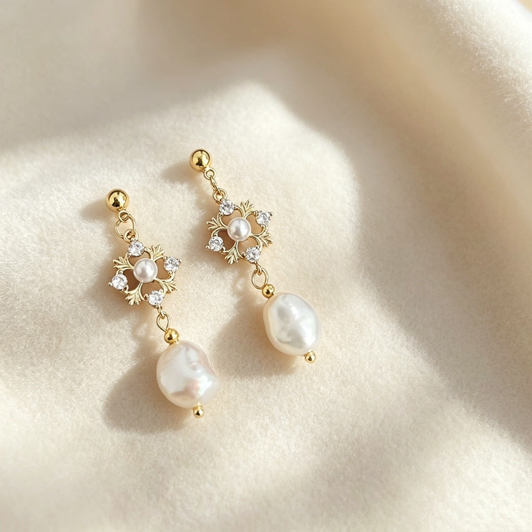 18K Gold Vintage Hollow Pearl Drop Earrings Freshwater Pearl & CZ Dangle Earrings
