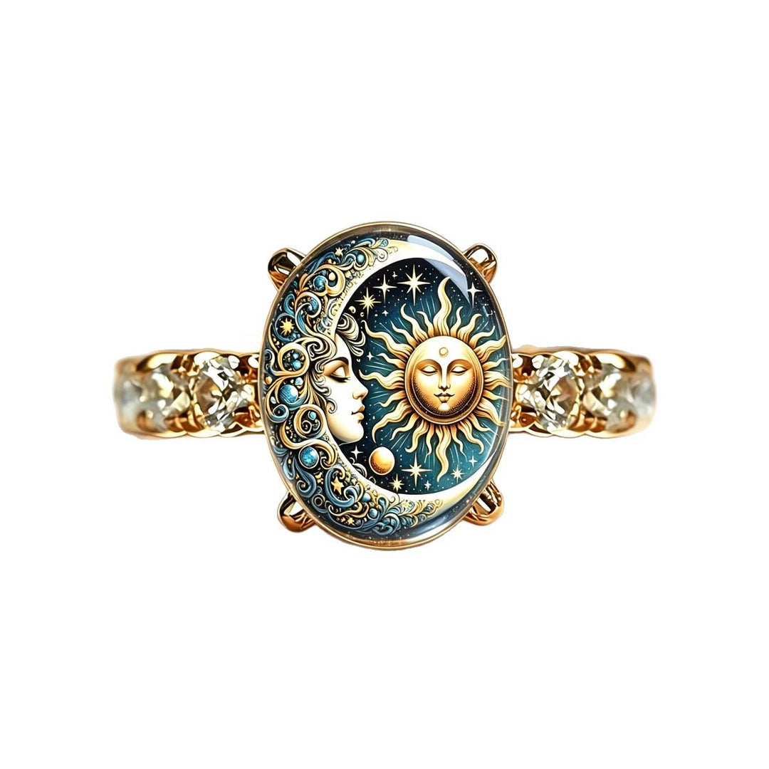 18K Gold Vintage Sun & Moon Ring Mysterious Celestial Art Ring