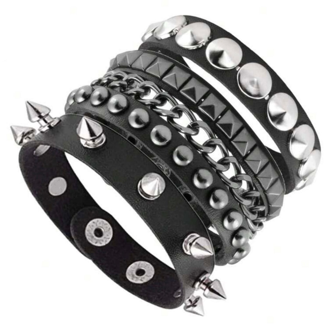 Vintage Rock Chic Studded Leather Bracelet Set