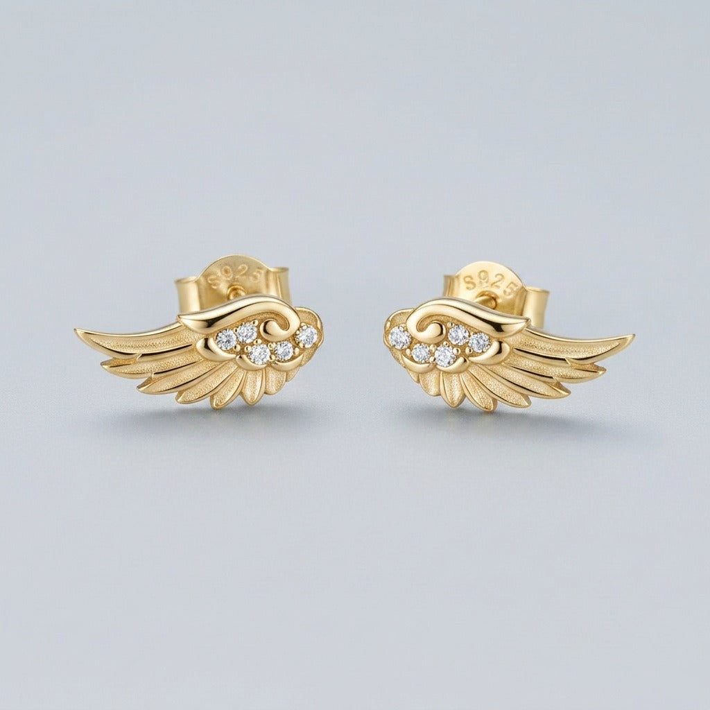 S925 Silver Angel Wing Stud Earrings 18K Gold Plated CZ Guardian Wings