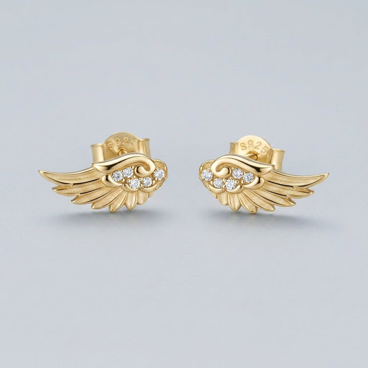 S925 Silver Angel Wing Stud Earrings 18K Gold Plated CZ Guardian Wings